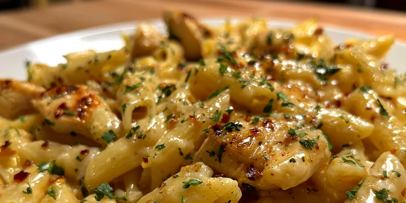 Delicious Spicy Chicken Alfredo Pasta on plate