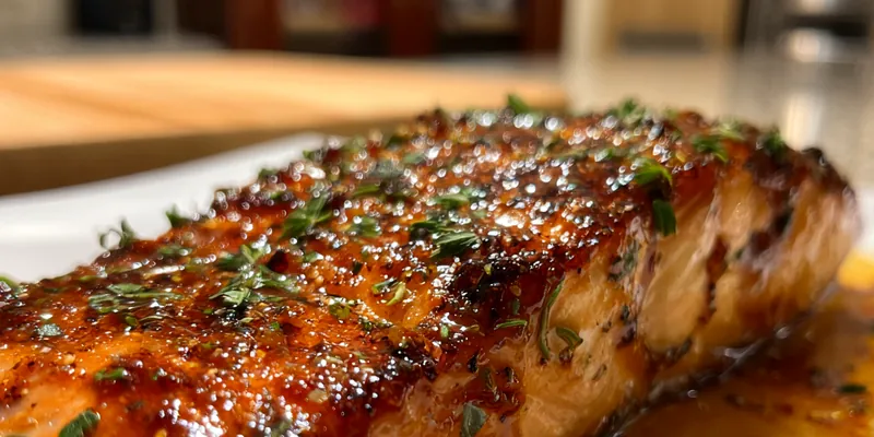 Delicious Spicy Honey Glazed Salmon on plate